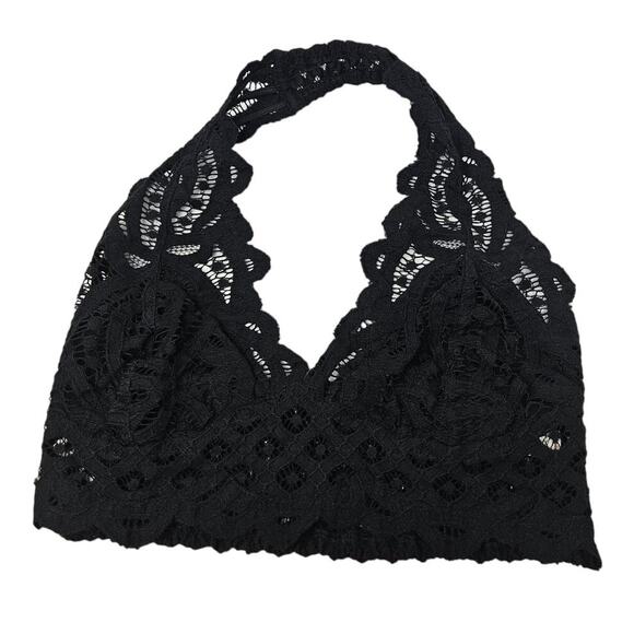 NEW Free People XS Adella Crochet Lace Halter Black Bralette Boho Goth Lingerie - Picture 2 of 4